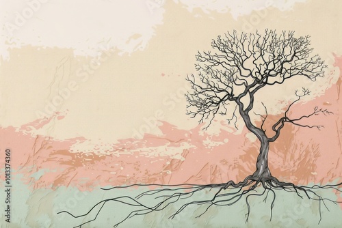Elegant flowing line art of a minimalist tree on a pastel wall, with intricate branches and roots creating an abstract natural design.