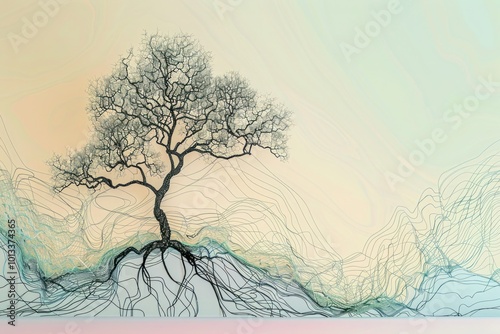 Elegant flowing line art of a minimalist tree on a pastel wall, with intricate branches and roots creating an abstract natural design.