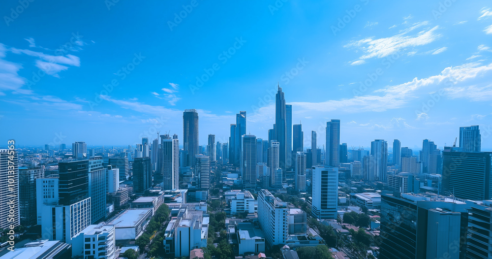 Obraz premium Aerial View of City Skyline and Skyscrapers Under Blue Sky and White Clouds