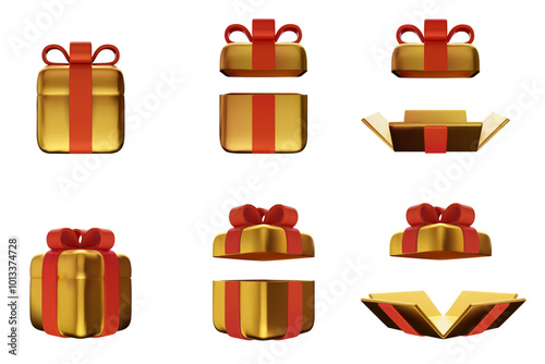 3d realistic closed, open and unwrapped golden gift box with red ribbon. Cartoon birthday, holiday or celebration present. Vector illustration.