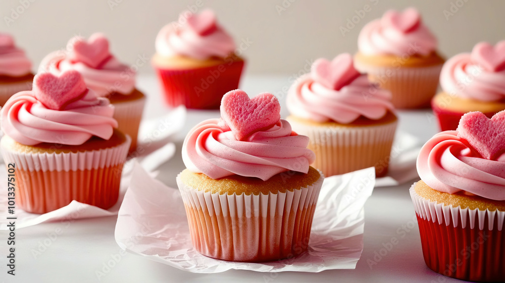 A row of pink cupcakes with hearts on top A row of pink cupcakes with hearts on top