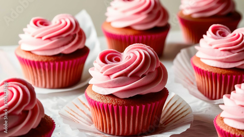 A row of pink cupcakes with pink frosting and pink paper liners