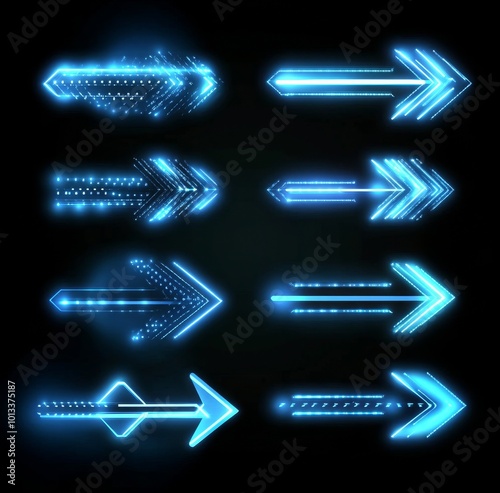 Abstract arrow symbols, blue glowing arrows on a black background, futuristic technology design elements vector set. Vector illustration. 8K resolution, pixel-perfect, hyper-realistic.  photo