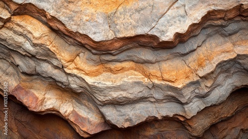 Close-up of a rock face in a canyon, showing layers of sediment and weathered textures