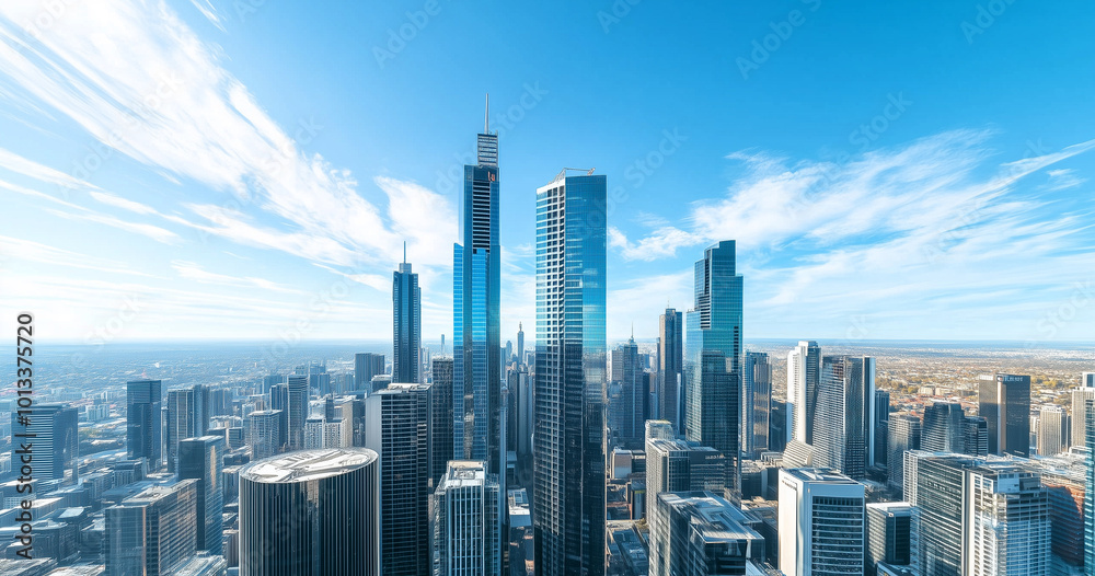 Fototapeta premium Aerial View of City Skyline and Skyscrapers Under Blue Sky and White Clouds