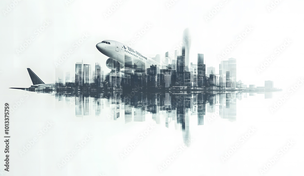Double exposure image of an airplane and a modern cityscape design Double exposure image of an airplane and a modern cityscape design