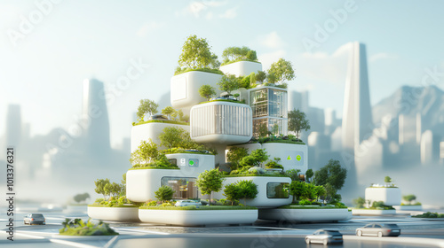 Futuristic city powered by green energy, with EV cars driving through treefilled streets and clean architecture photo