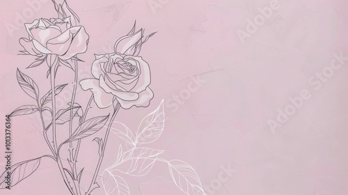 Delicate floral line art of blooming roses on a pastel pink wall, representing nature's beauty in minimal strokes.