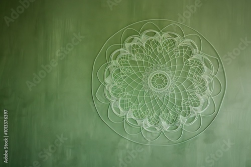 Delicate interwoven line art forming a circular mandala on a muted green wall, evoking peace and symmetry.
