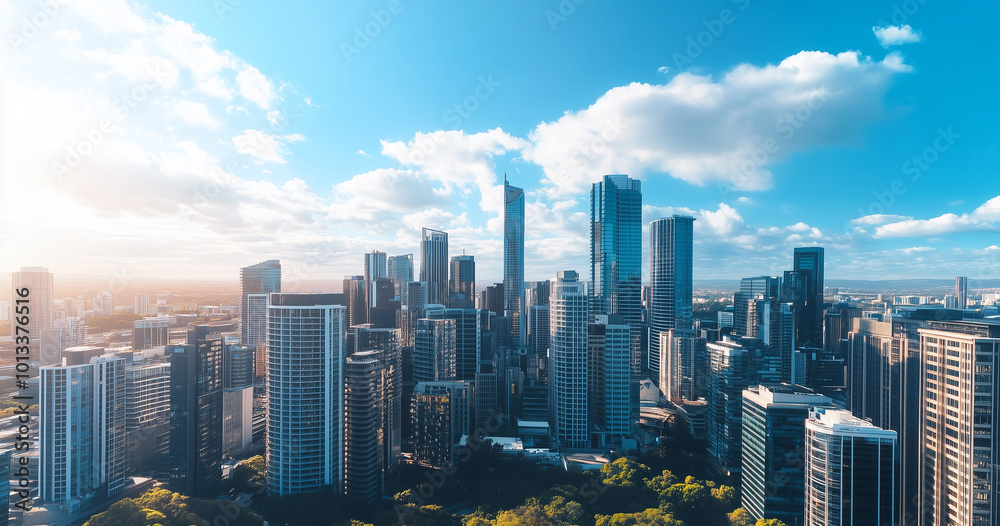 Aerial View of City Skyline and Skyscrapers Under Blue Sky and White Clouds Aerial View of City Skyline and Skyscrapers Under Blue Sky and White Clouds