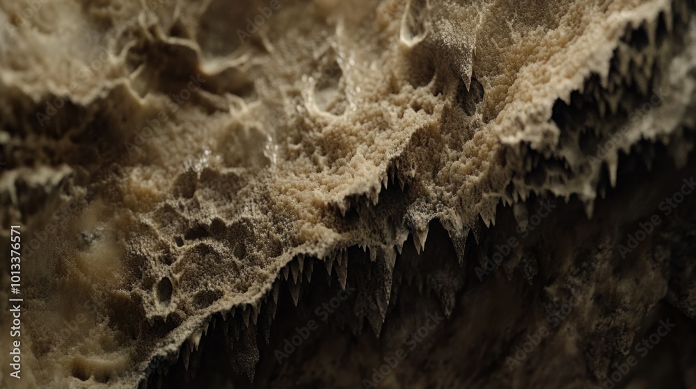 Close-up of mineral deposits forming along the walls of a cave, creating intricate textures Close-up of mineral deposits forming along the walls of a cave, creating intricate textures