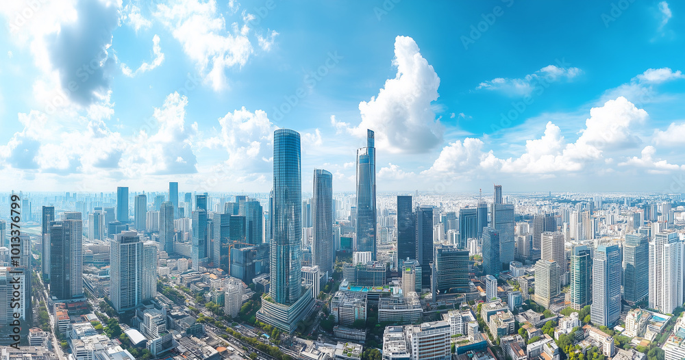 Fototapeta premium Aerial View of City Skyline and Skyscrapers Under Blue Sky and White Clouds