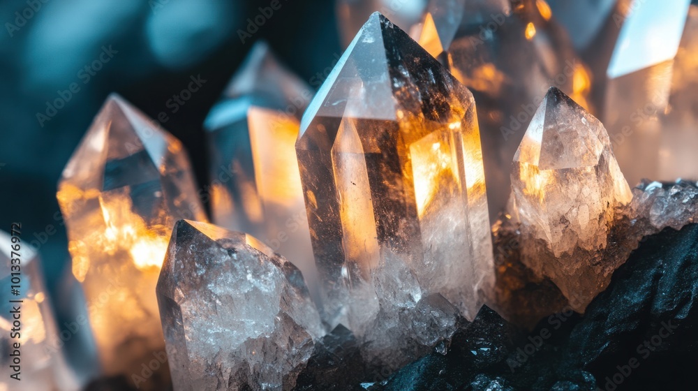 Fototapeta premium Close-up of raw quartz crystals with sharp edges and transparent surfaces reflecting light