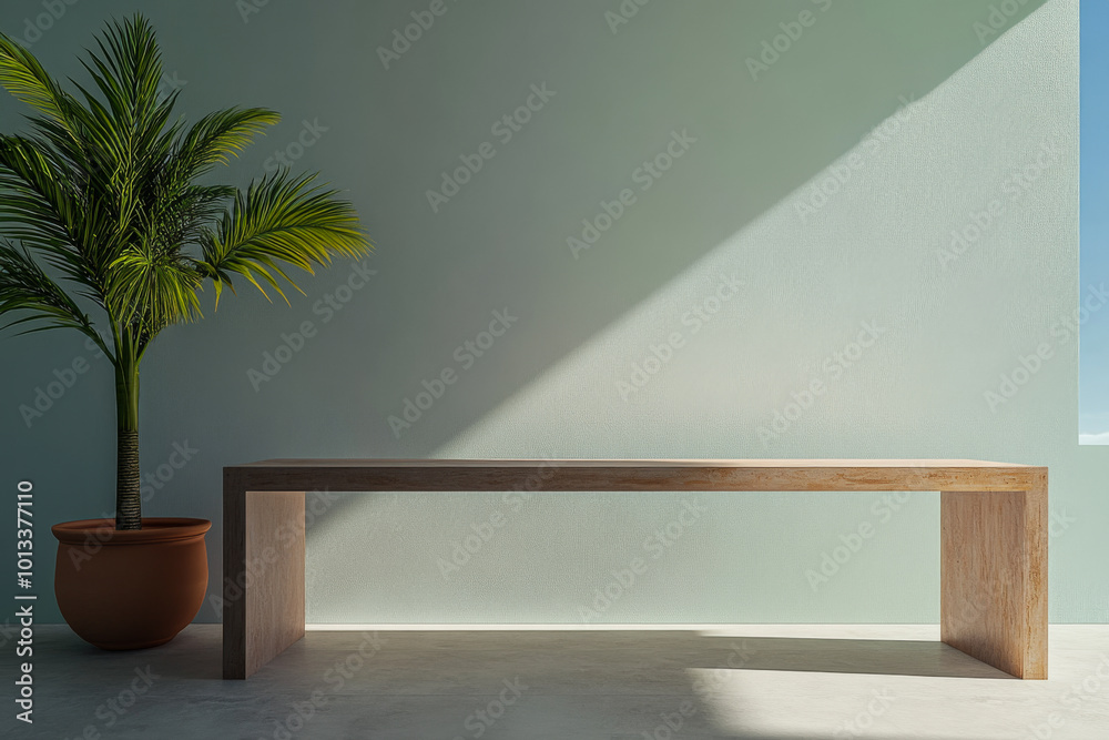 A minimalist wooden bench beside a potted palm plant in a sunlit modern interior space A minimalist wooden bench beside a potted palm plant in a sunlit modern interior space