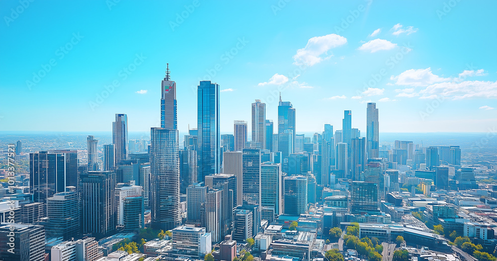 Obraz premium Aerial View of City Skyline and Skyscrapers Under Blue Sky and White Clouds