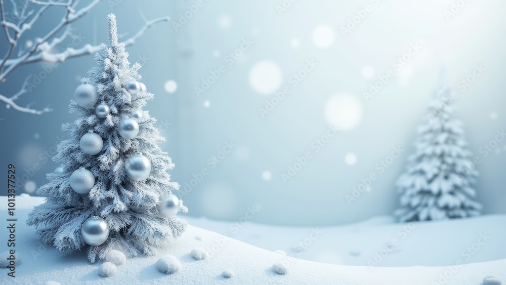 Magical Snowy Scene with Christmas Tree and Ornaments Magical Snowy Scene with Christmas Tree and Ornaments