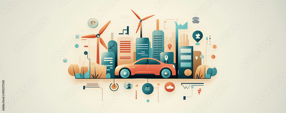 Naklejka premium Modern cityscape with EV cars driving by buildings powered by wind and solar energy