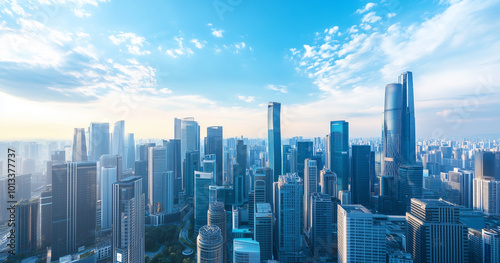 Aerial View of City Skyline and Skyscrapers Under Blue Sky and White Clouds