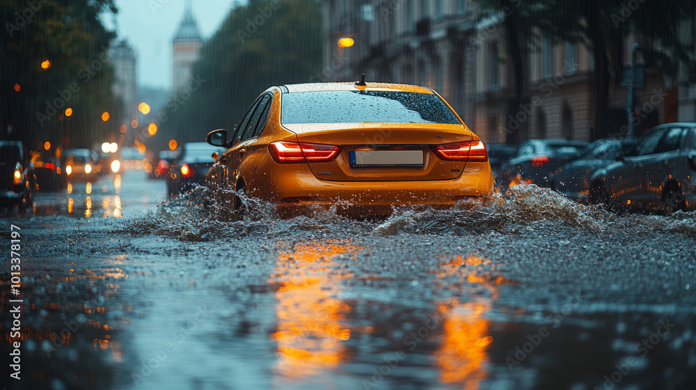 Flooded cars on the street of the city. Street after heavy rain. Water could enter the engine, transmission parts or other places. Disaster Motor Vehicle Insurance Claim Themed. Flooded cars on the street of the city. Street after heavy rain. Water could enter the engine, transmission parts or other places. Disaster Motor Vehicle Insurance Claim Themed.