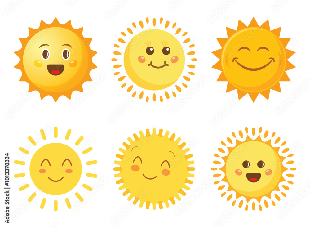 Funny sun with face icon set in flat style. Summer sunshine emoji vector illustration on isolated background. Smiling sun sign business concept. Funny sun with face icon set in flat style. Summer sunshine emoji vector illustration on isolated background. Smiling sun sign business concept.
