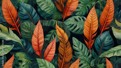 Colorful Tropic Exotic Seamless Jungle Rainforest Leaf Pattern photo