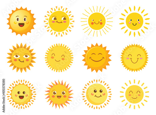 Funny sun with face icon set in flat style. Summer sunshine emoji vector illustration on isolated background. Smiling sun sign business concept.