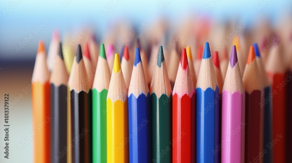 A vibrant array of sharpened colored pencils standing upright, showcasing a spectrum of vivid hues, inspiring creativity and artistic expression.