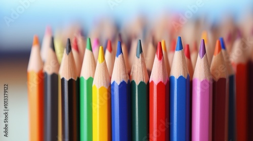 A vibrant array of sharpened colored pencils standing upright, showcasing a spectrum of vivid hues, inspiring creativity and artistic expression.