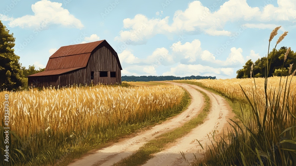 A barn stands alone in a field with a dirt A barn stands alone in a field with a dirt