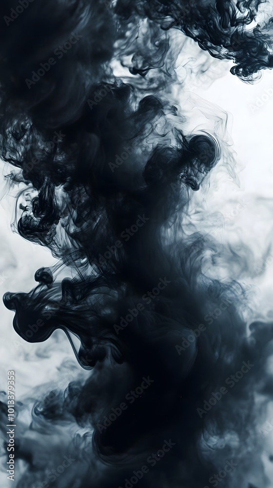Black ink in water, creating an abstract background with smoke-like shapes on a white background Black ink in water, creating an abstract background with smoke-like shapes on a white background