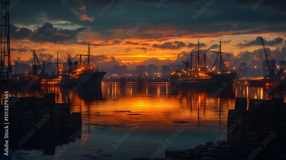 Fototapeta premium Breathtaking sunset over a bustling harbor