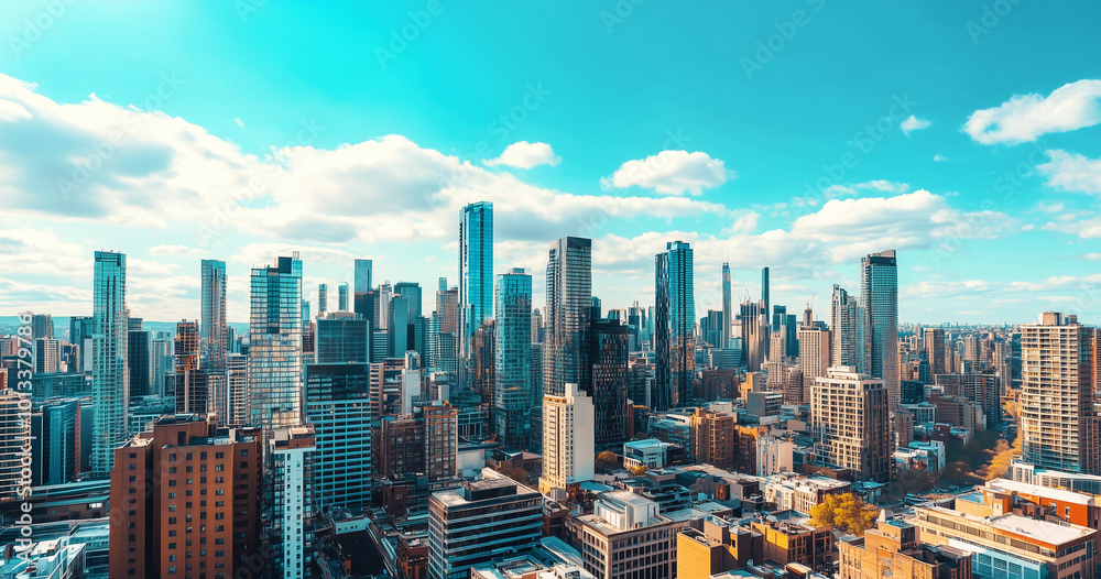 Obraz premium Aerial View of City Skyline and Skyscrapers Under Blue Sky and White Clouds