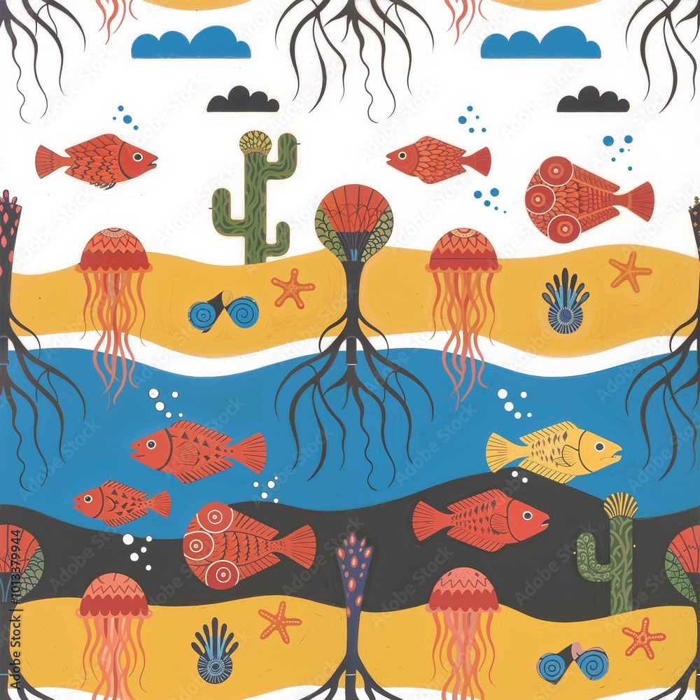 Naklejka premium Seamless pattern of marine animals. Seashells, seahorse, starfish. Watercolor illustration. Background. Collage