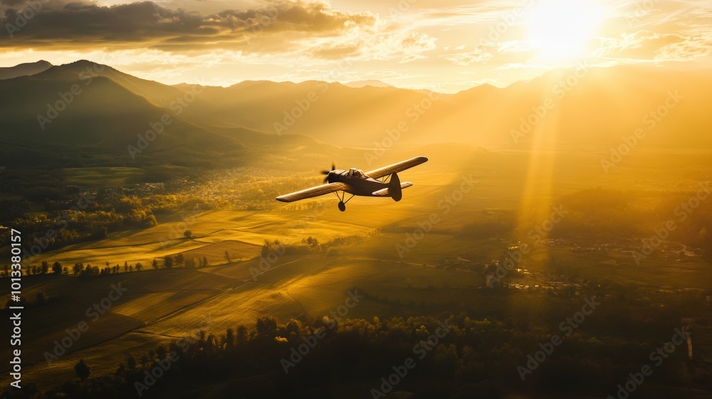 Plane flying into sunset over mountains. Plane flying into sunset over mountains.