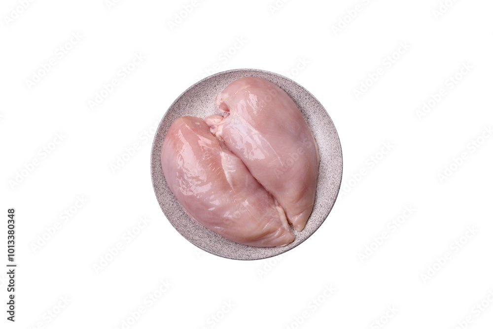 Pieces of raw chicken or turkey fillet with salt, spices and herbs Pieces of raw chicken or turkey fillet with salt, spices and herbs