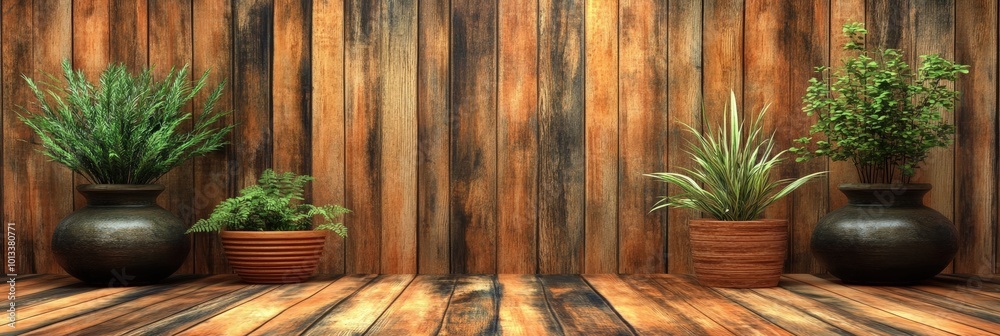 Rustic Wooden Background with Potted Plants Rustic Wooden Background with Potted Plants