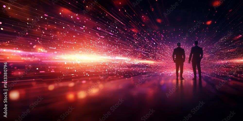 Naklejka premium Two figures in a cosmic landscape, vibrant colors, abstract theme.