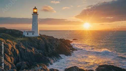 Lighthouse on a rocky cliff overlooking ocean sunset.