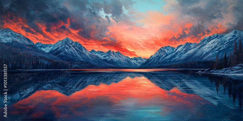 A serene mountain lake with a reflection of a fiery sunset in the sky. A serene mountain lake with a reflection of a fiery sunset in the sky.