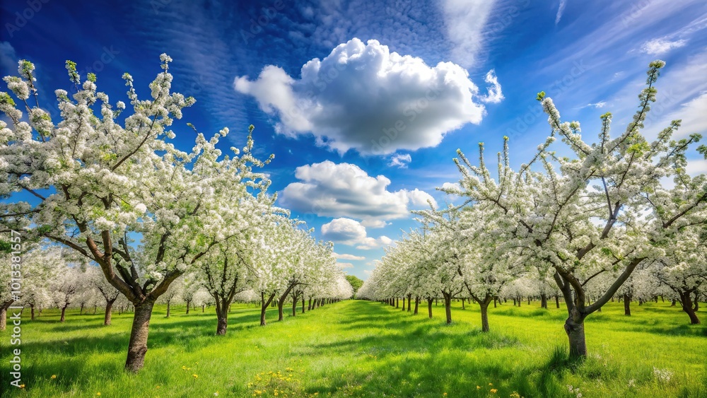 Vibrant blooming apple trees stand tall in a lush orchard on a serene spring day, set against a brilliant blue sky with wispy white clouds.