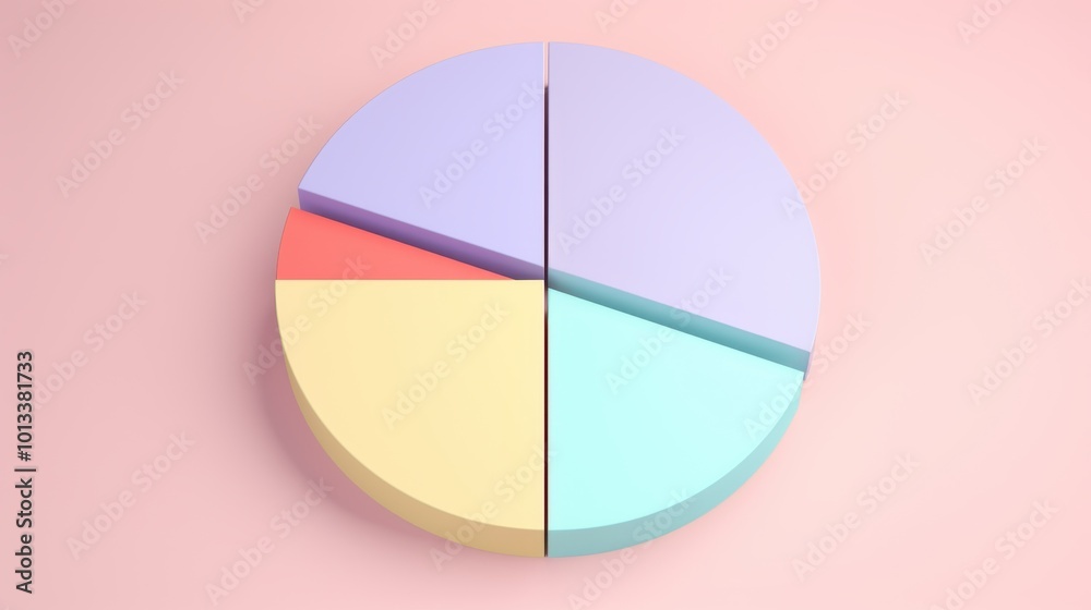 Fototapeta premium A vivid pie chart with pastel segments stands out against a soft pink background, merging simplicity and vibrance to visualize data creatively.