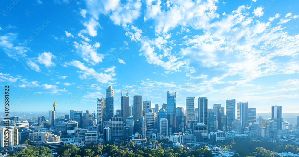 Fototapeta premium Aerial View of City Skyline and Skyscrapers Under Blue Sky and White Clouds