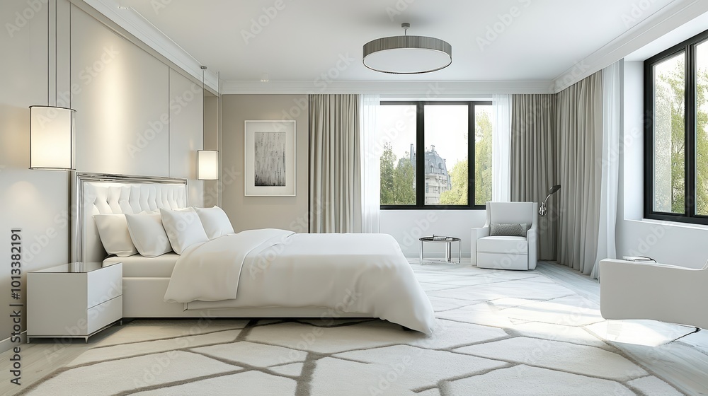 Modern white bedroom with a view. Modern white bedroom with a view.
