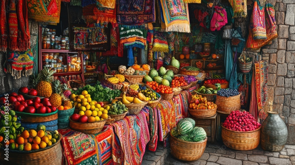 Fototapeta premium Fruit and vegetables sold in a market stall.