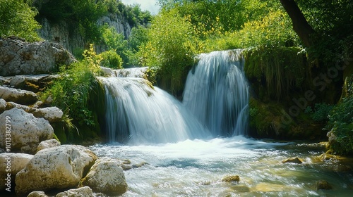 Serene Waterfall Surrounded by Lush Greenery