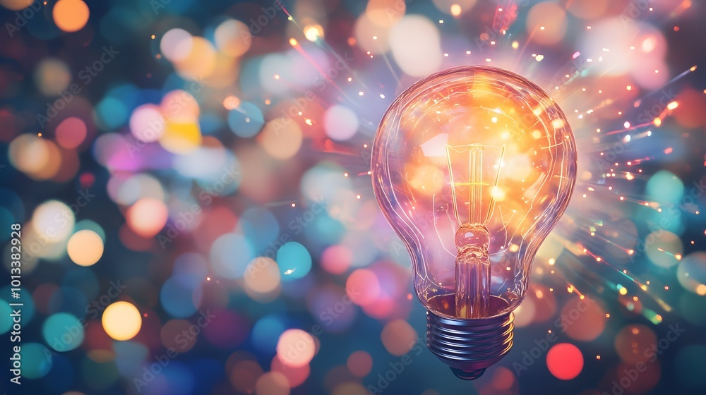 Glowing light bulb with colorful bokeh background Glowing light bulb with colorful bokeh background