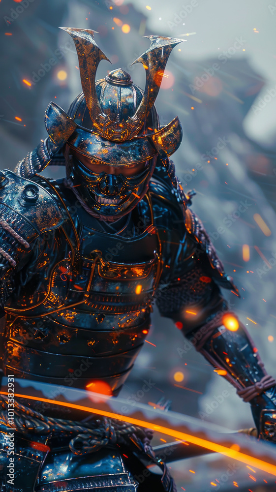 Fototapeta premium a samurai wearing an oni mask and futuristic samurai armour