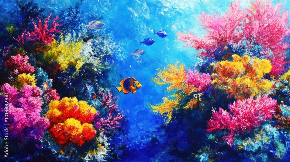 Naklejka premium Coral reefs bursting with vibrant colors, with tropical fish darting between the coral branches