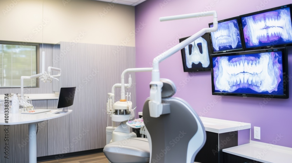 A modern dental office, vibrant and inviting, with high-tech dental equipment and a screen displaying digital X-rays.
