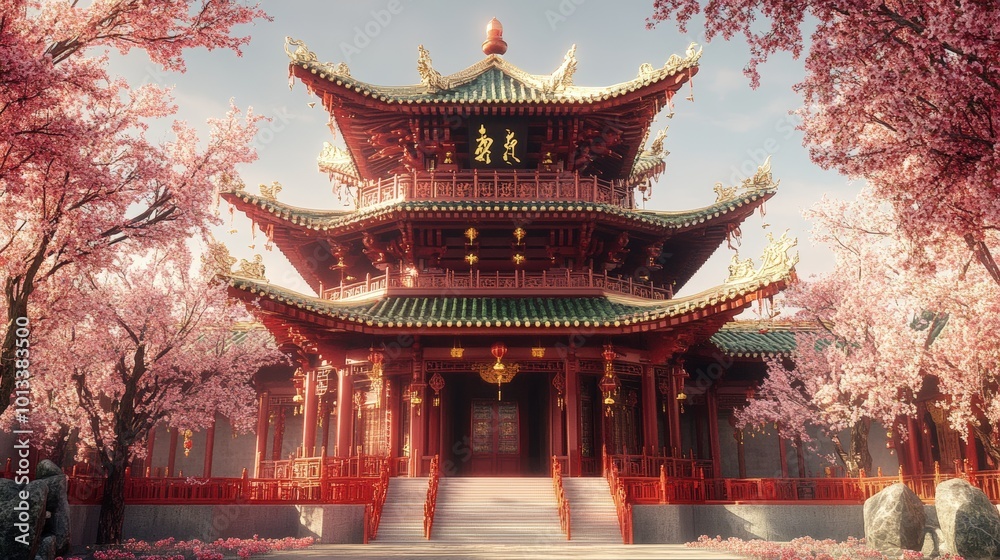 Red pagoda with cherry blossoms in front. Red pagoda with cherry blossoms in front.